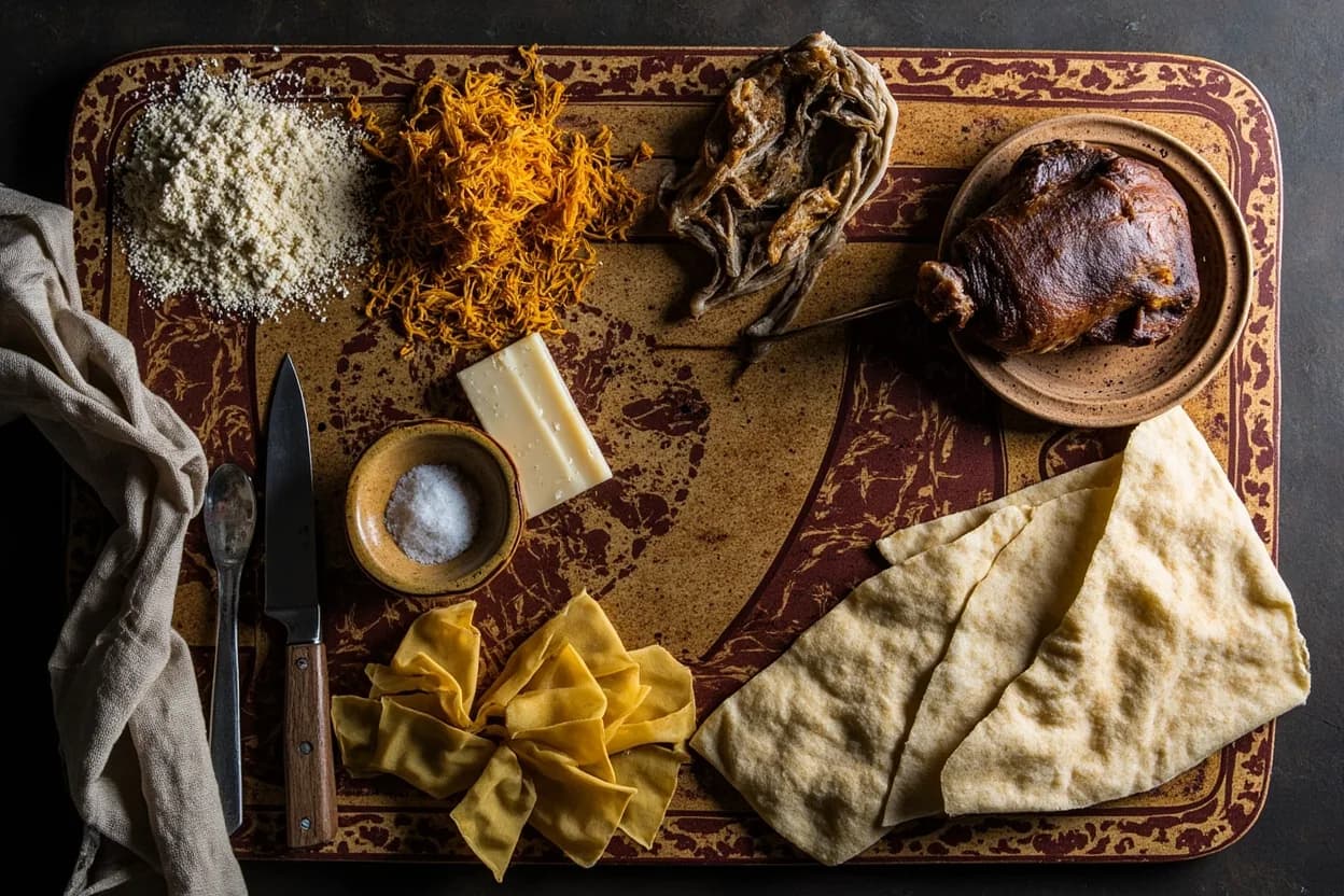 Mise en place for Sardinian: the staple ingredients and key tools of the tradition laid out on the cook's board.