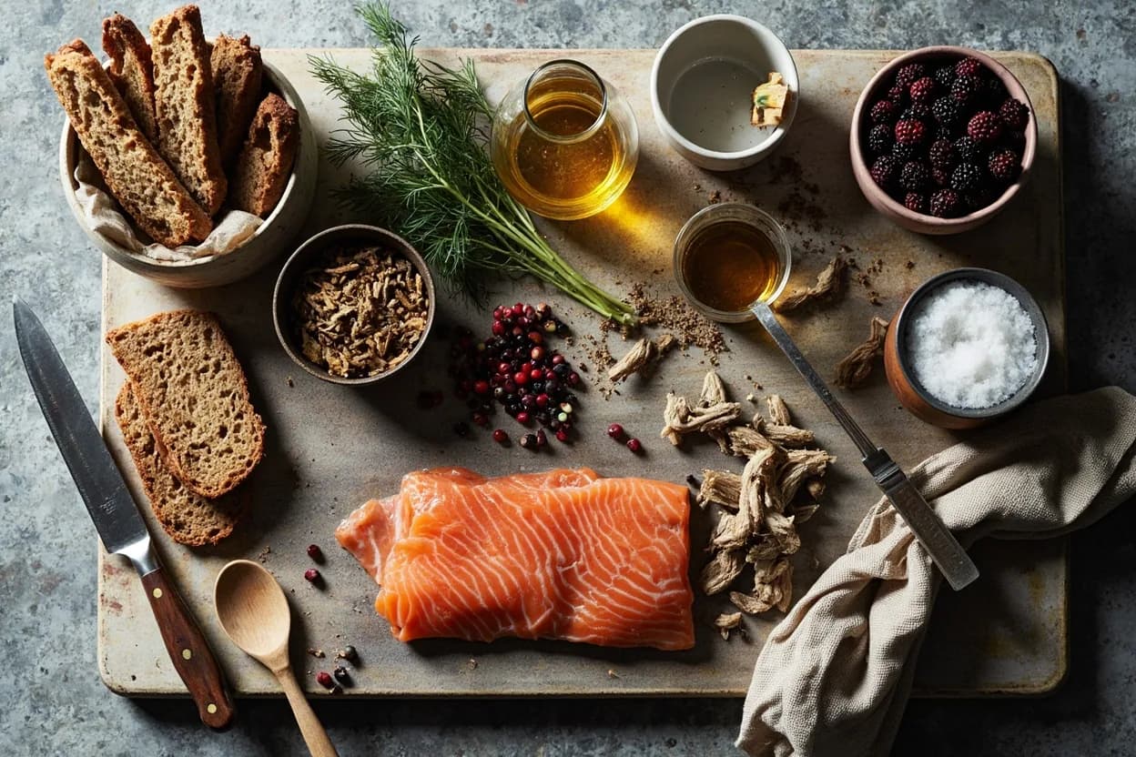 Mise en place for Scandinavian (New Nordic): the staple ingredients and key tools of the tradition laid out on the cook's board.