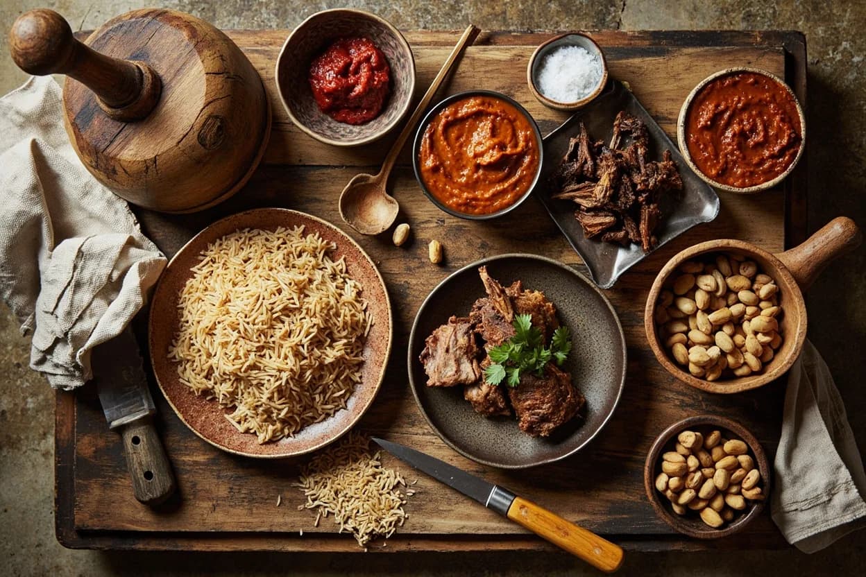 Mise en place for Senegalese: the staple ingredients and key tools of the tradition laid out on the cook's board.