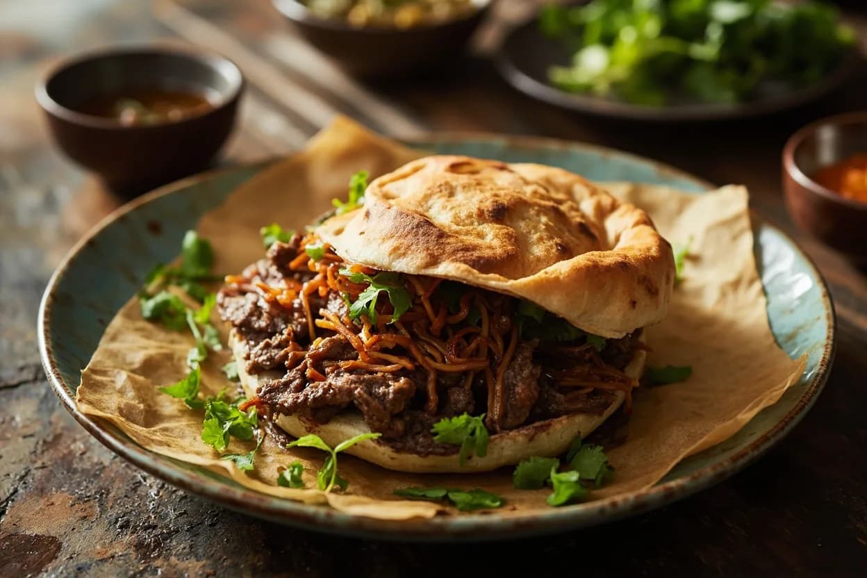 roujiamo (spiced lamb or beef sandwich in baked flatbread) — a signature plate from Shaanxi Muslim (Hui Cuisine) cuisine, prepared in the regional style.