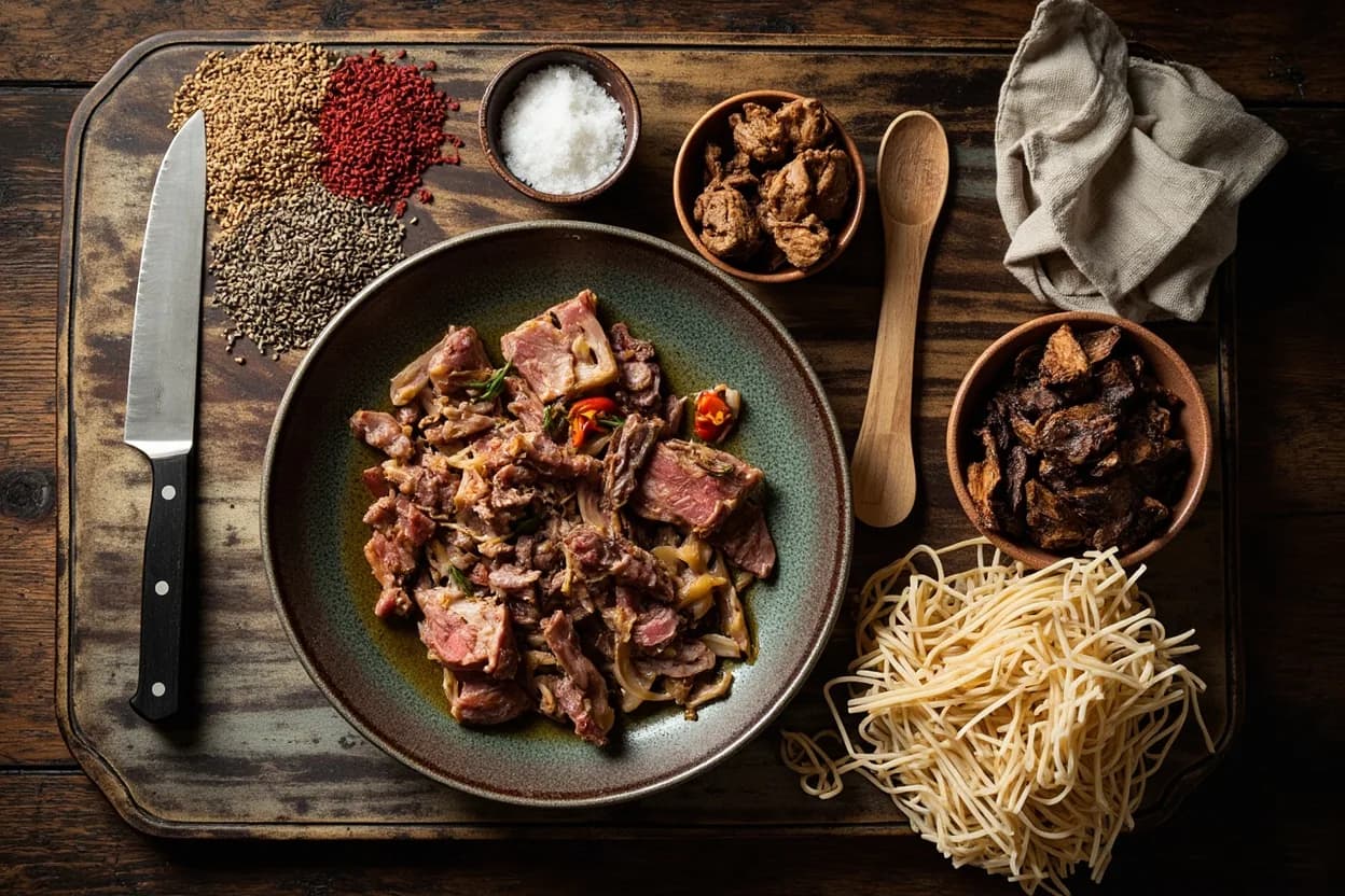Mise en place for Shaanxi Muslim (Hui Cuisine): the staple ingredients and key tools of the tradition laid out on the cook's board.