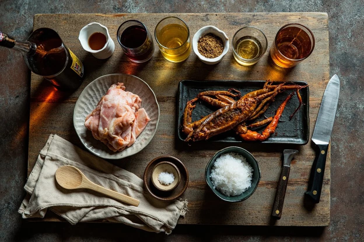 Mise en place for Shanghainese (Benbang): the staple ingredients and key tools of the tradition laid out on the cook's board.