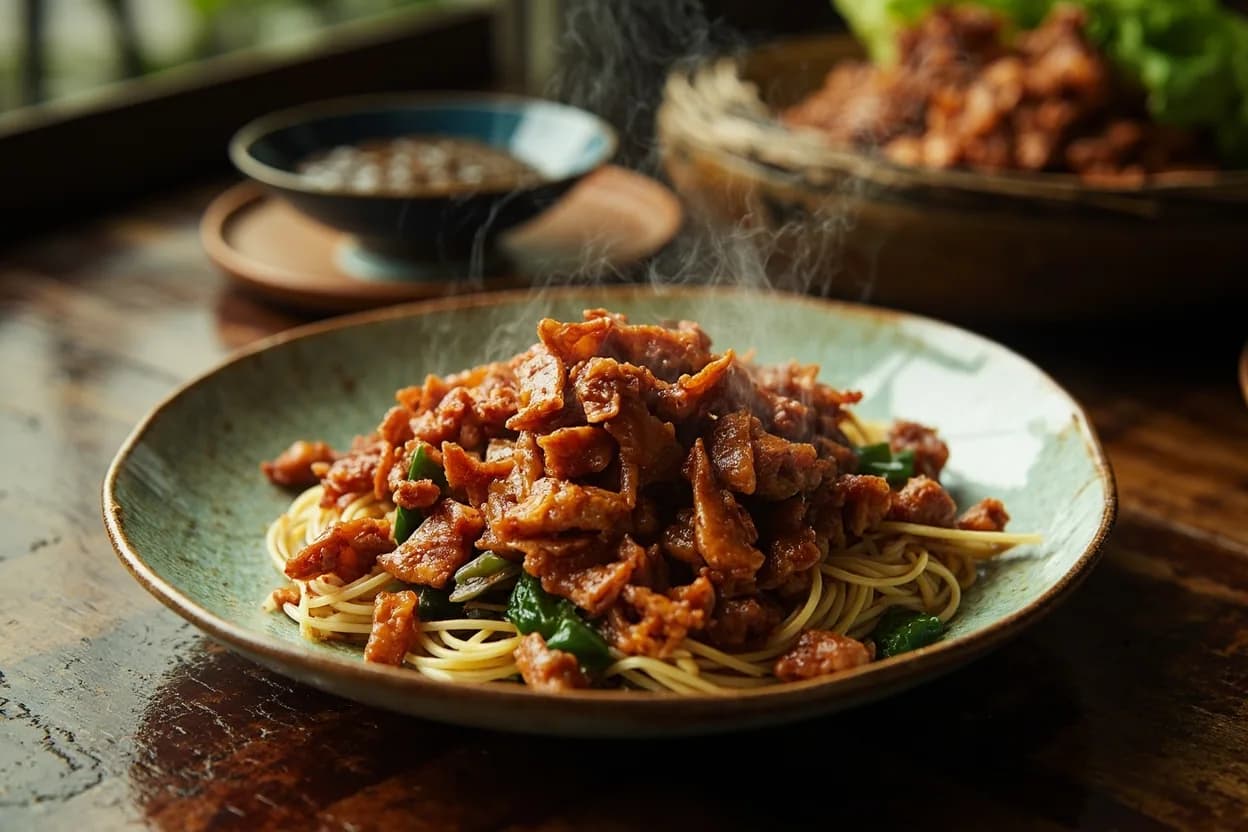 hong shao wheat gluten (red-braised seitan) — a signature plate from Sichuan Buddhist Vegetarian cuisine, prepared in the regional style.