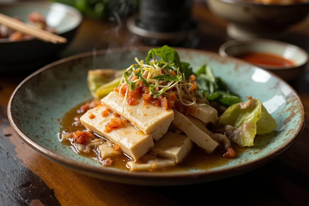 mock Dongpo pork (tofu skin layered to simulate pork belly) — a signature plate from Sichuan Buddhist Vegetarian cuisine, prepared in the regional style.