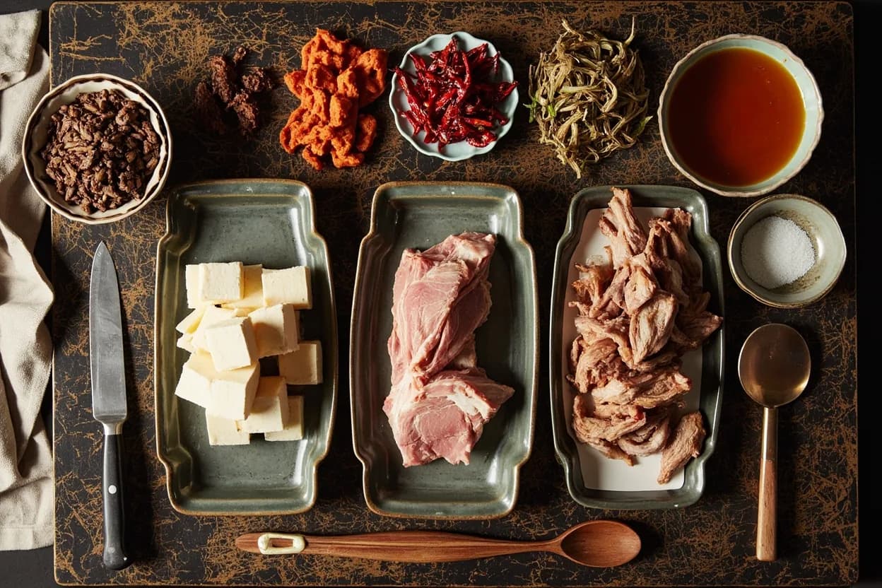 Mise en place for Sichuan (Chuancai): the staple ingredients and key tools of the tradition laid out on the cook's board.