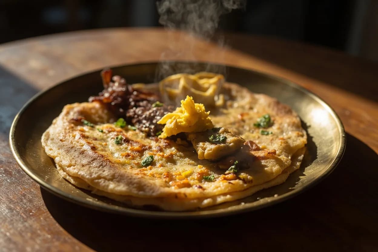 Koki (thick layered flatbread) — a signature plate from Sindhi cuisine, prepared in the regional style.