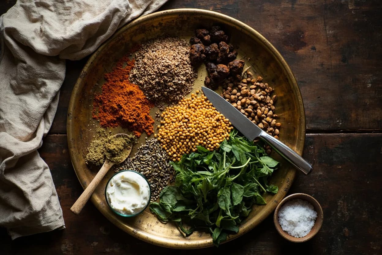 Mise en place for Sindhi: the staple ingredients and key tools of the tradition laid out on the cook's board.