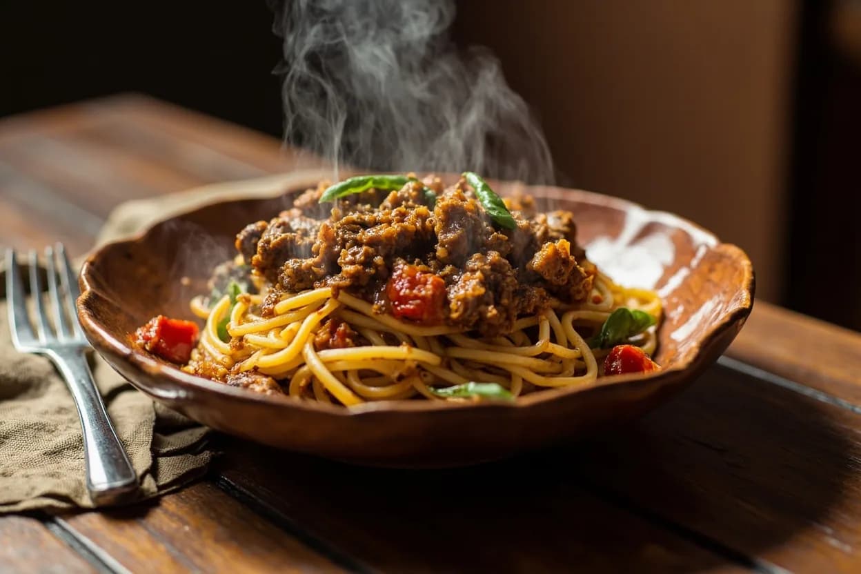 baasto iyo suqaar — spaghetti with spiced goat or beef suqaar — a signature plate from Somali cuisine, prepared in the regional style.