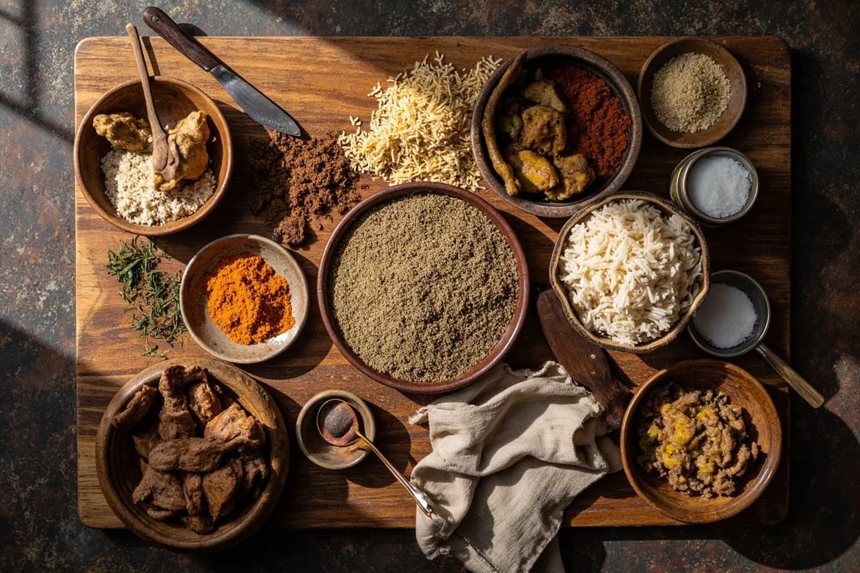 Mise en place for Somali: the staple ingredients and key tools of the tradition laid out on the cook's board.