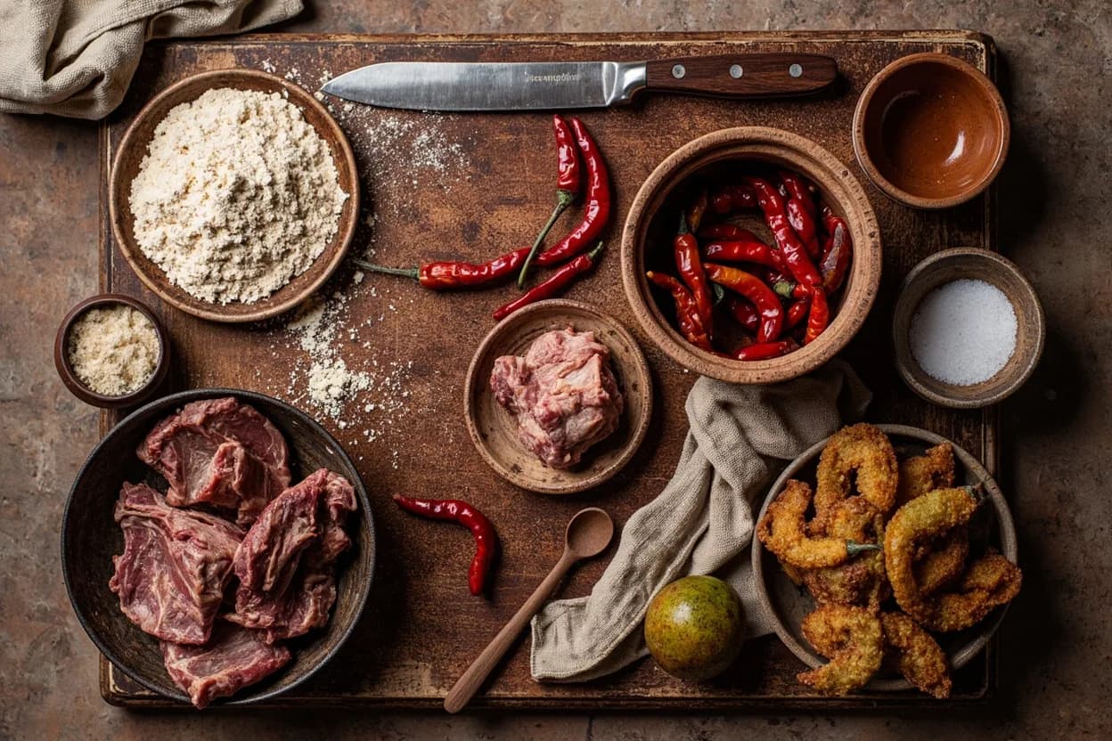 Mise en place for Sonoran: the staple ingredients and key tools of the tradition laid out on the cook's board.