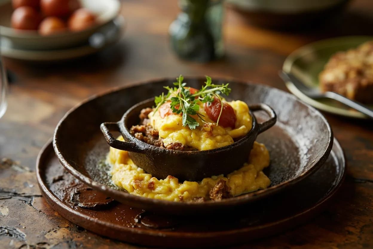 bobotie (Cape Malay spiced minced meat with egg custard) — a signature plate from South African (Braai & Cape Malay) cuisine, prepared in the regional style.