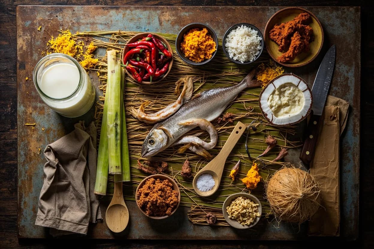 Mise en place for Southern Thai: the staple ingredients and key tools of the tradition laid out on the cook's board.