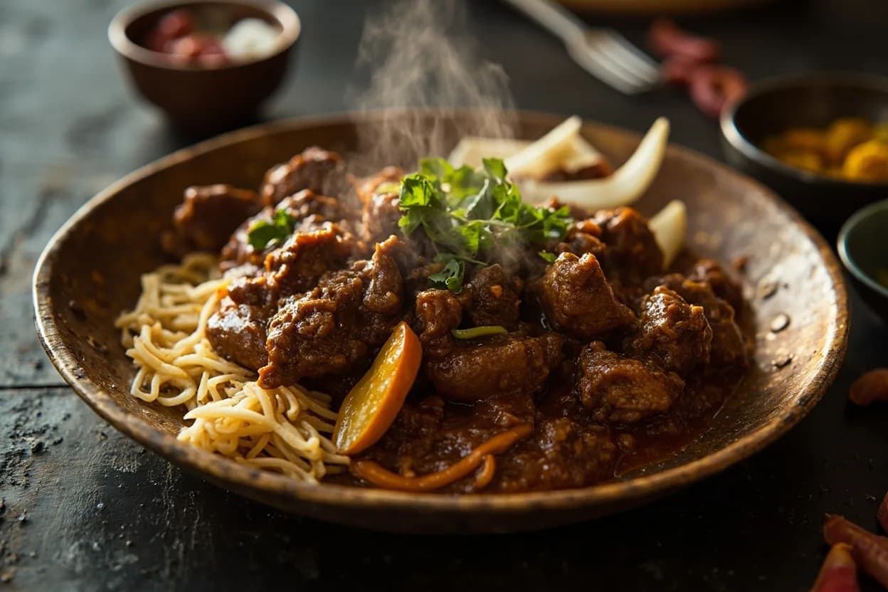 black pork curry (maas curry) — a signature plate from Sri Lankan cuisine, prepared in the regional style.