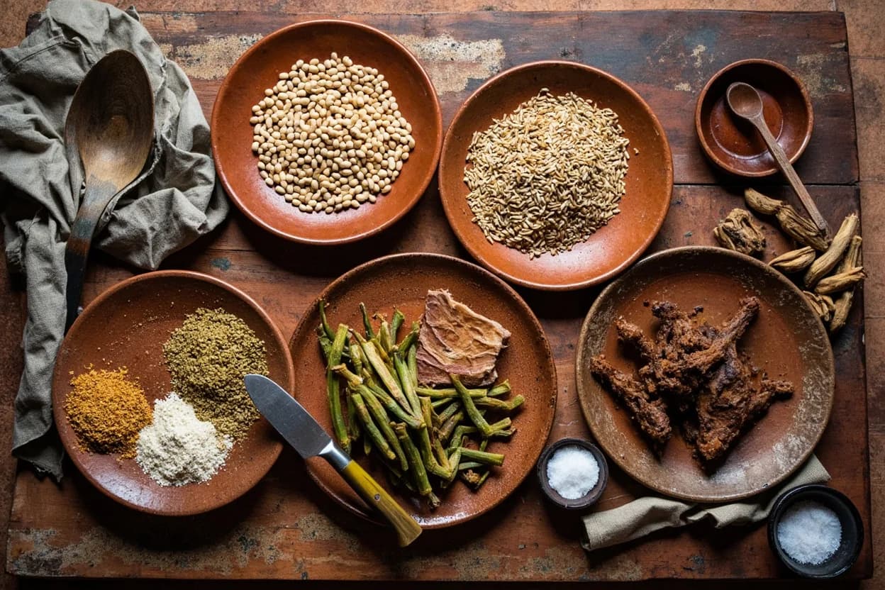 Mise en place for Sudanese: the staple ingredients and key tools of the tradition laid out on the cook's board.