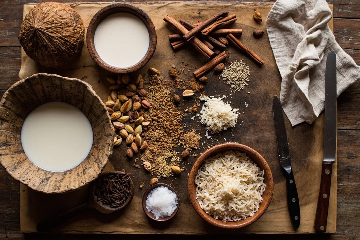 Mise en place for Swahili Coastal: the staple ingredients and key tools of the tradition laid out on the cook's board.