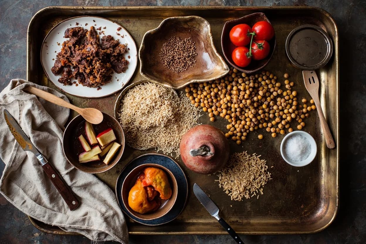 Mise en place for Syrian: the staple ingredients and key tools of the tradition laid out on the cook's board.