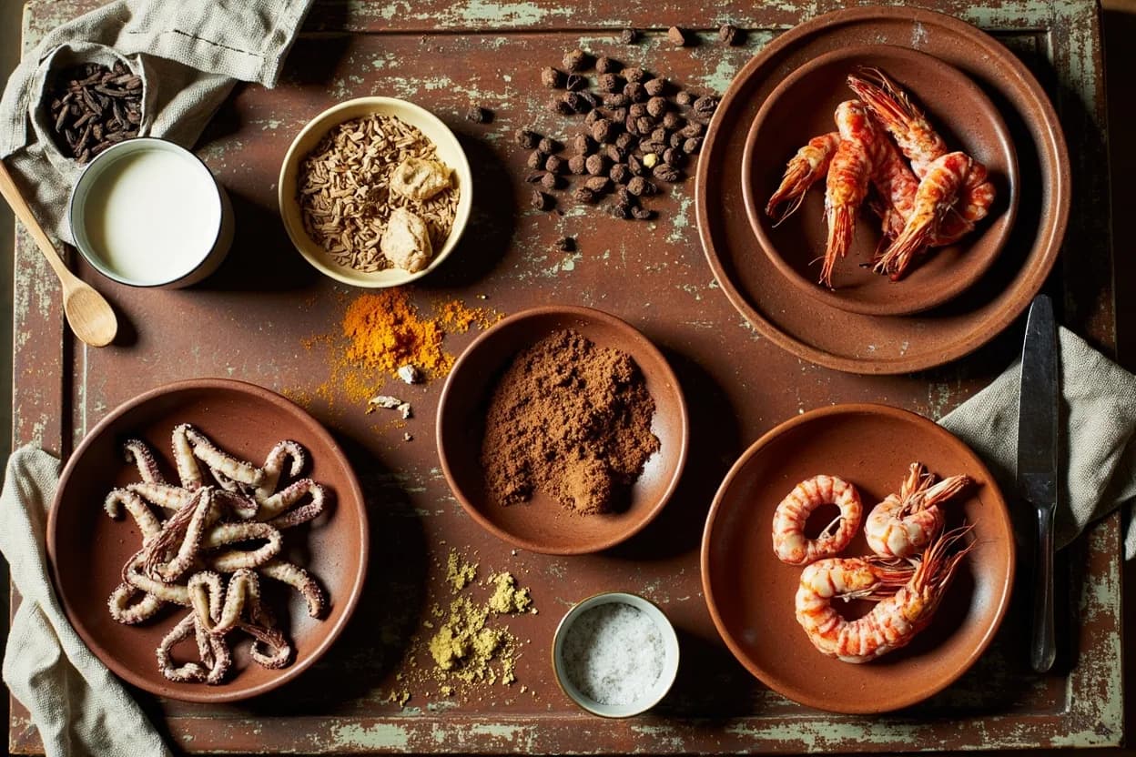 Mise en place for Tanzanian Coastal & Zanzibar: the staple ingredients and key tools of the tradition laid out on the cook's board.