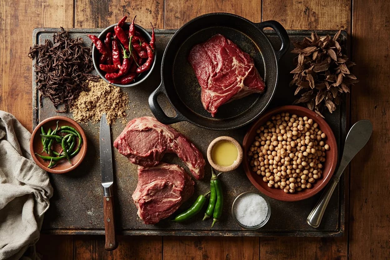 Mise en place for Tex-Mex / American Southwest: the staple ingredients and key tools of the tradition laid out on the cook's board.