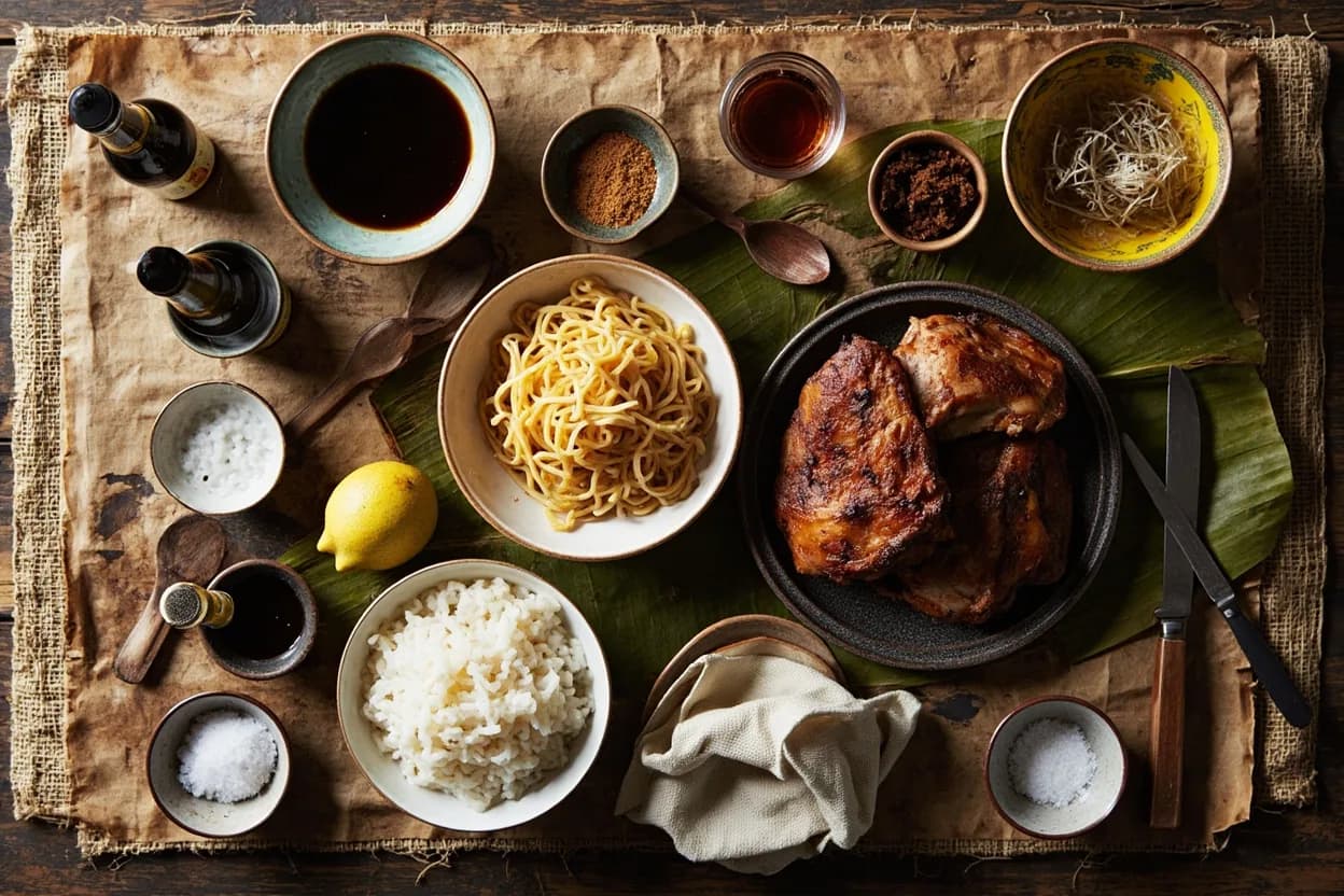 Mise en place for Thai-Chinese (Sino-Thai): the staple ingredients and key tools of the tradition laid out on the cook's board.