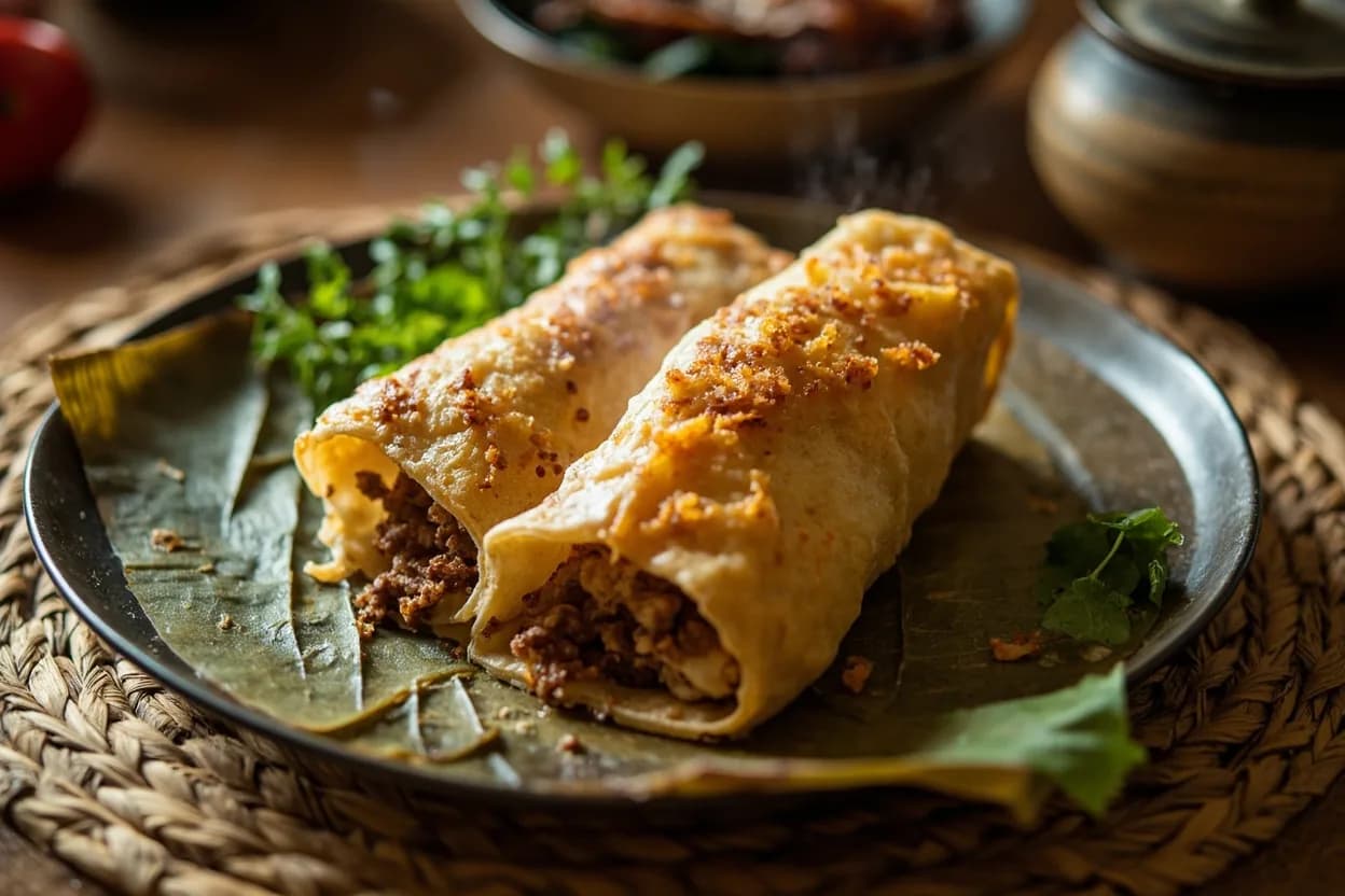 murtabak (stuffed pan-fried flatbread with egg and minced meat) — a signature plate from Thai Muslim (Deep South) cuisine, prepared in the regional style.