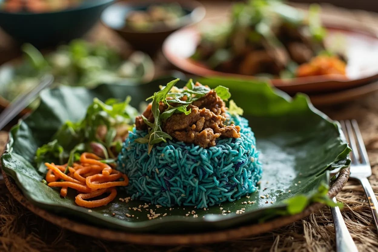 nasi kerabu (blue butterfly pea rice with herb salad) — a signature plate from Thai Muslim (Deep South) cuisine, prepared in the regional style.