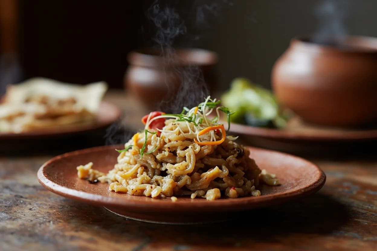 Po cha (butter tea — brick tea churned with yak butter and salt) — a signature plate from Tibetan cuisine, prepared in the regional style.