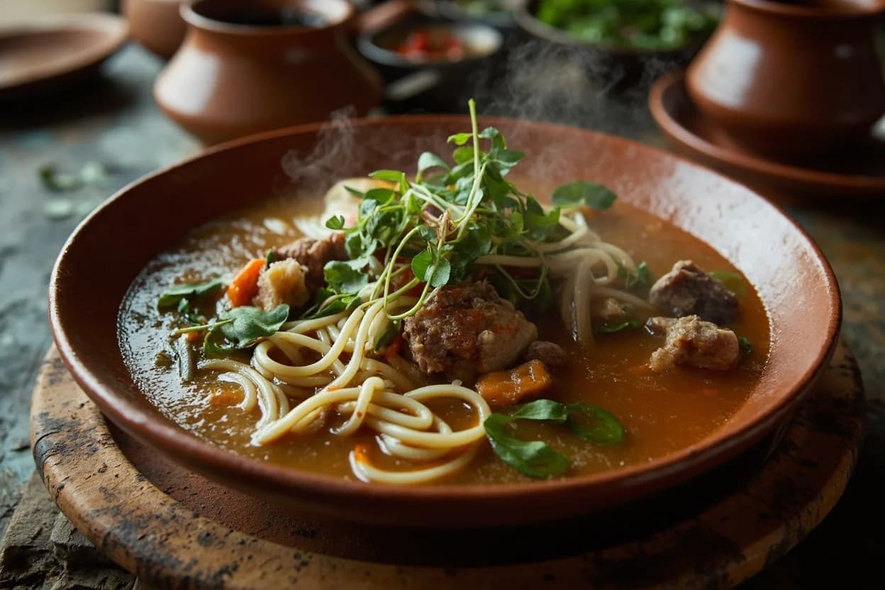 Thukpa (noodle soup with vegetables, meat, or bone broth) — a signature plate from Tibetan cuisine, prepared in the regional style.