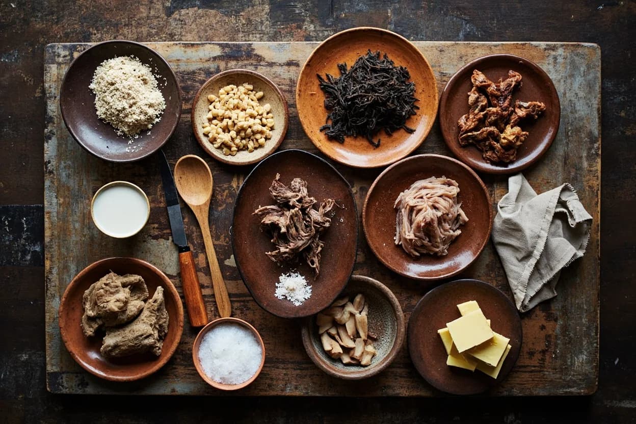 Mise en place for Tibetan: the staple ingredients and key tools of the tradition laid out on the cook's board.