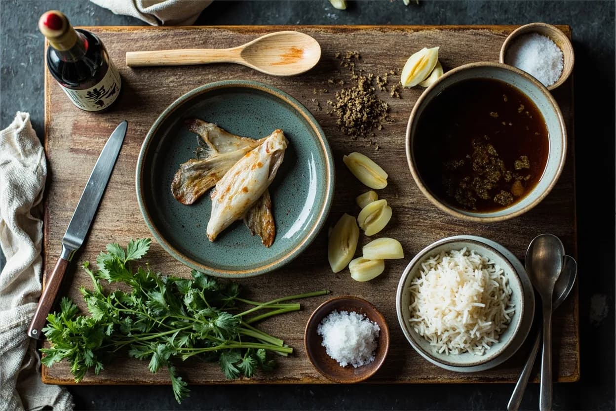 Mise en place for Tohoku Regional Cuisine: the staple ingredients and key tools of the tradition laid out on the cook's board.