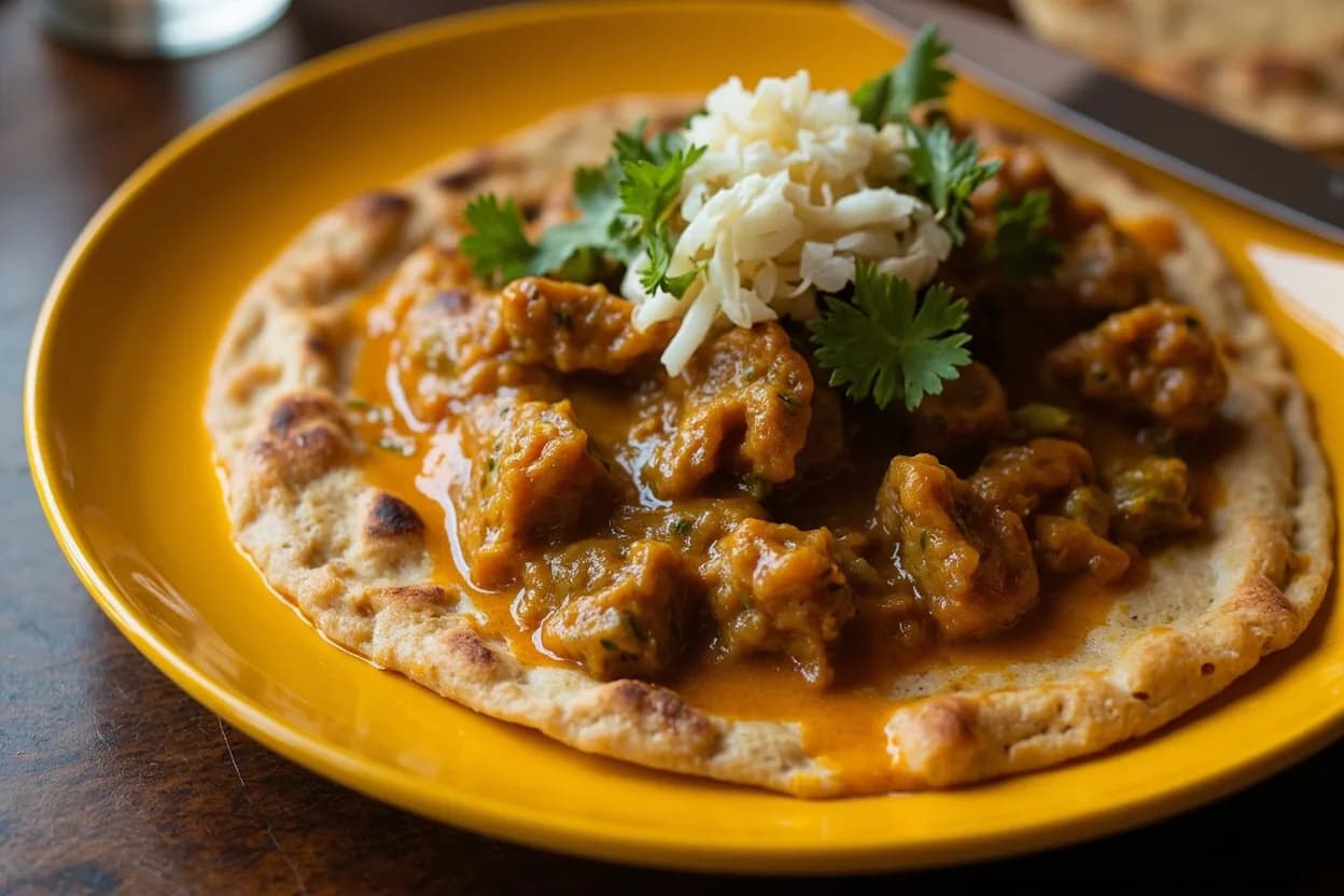 buss up shut (paratha roti with curry) — a signature plate from Trinidadian & Tobagonian cuisine, prepared in the regional style.