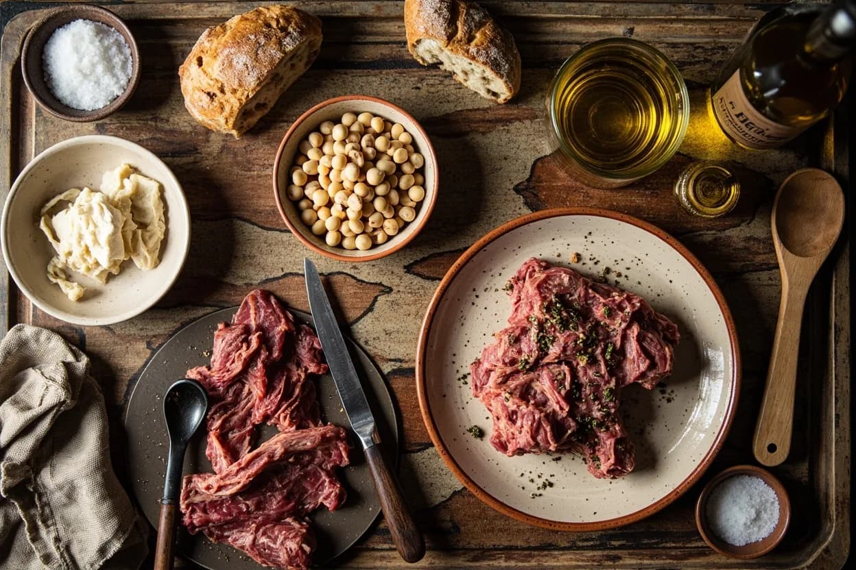 Mise en place for Tuscan: the staple ingredients and key tools of the tradition laid out on the cook's board.
