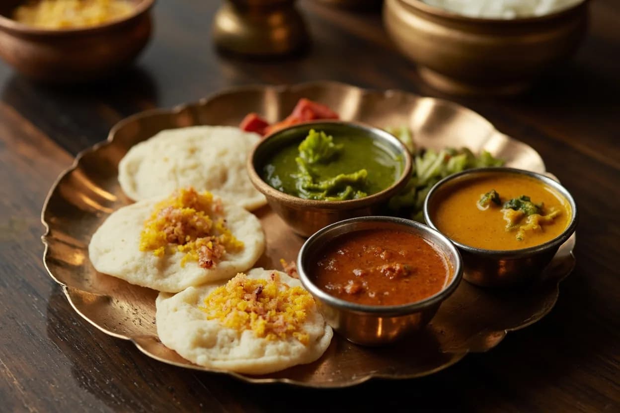 idli with sambar and chutney — a signature plate from Udupi (Karnataka Saraswat) cuisine, prepared in the regional style.
