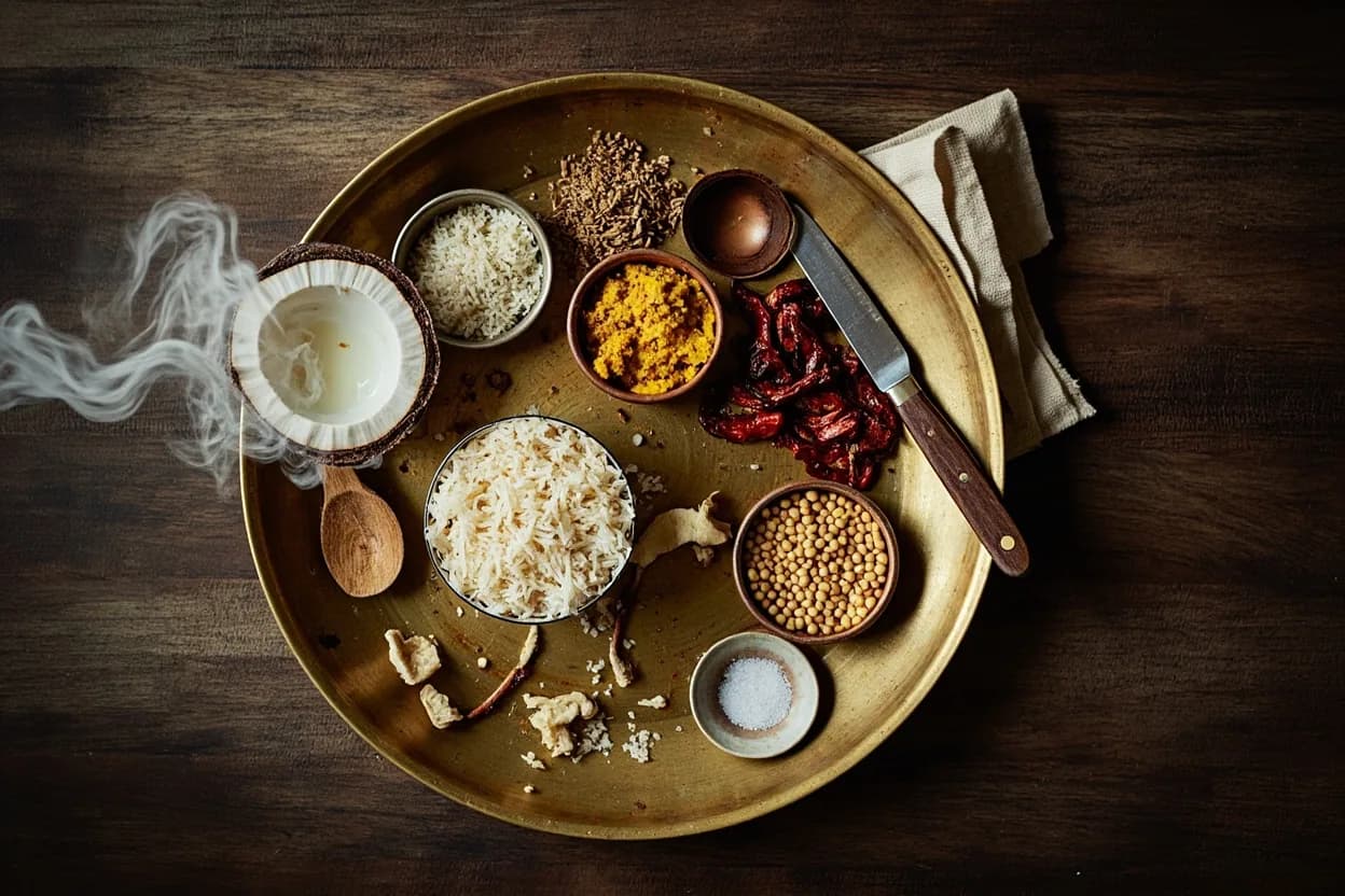 Mise en place for Udupi (Karnataka Saraswat): the staple ingredients and key tools of the tradition laid out on the cook's board.