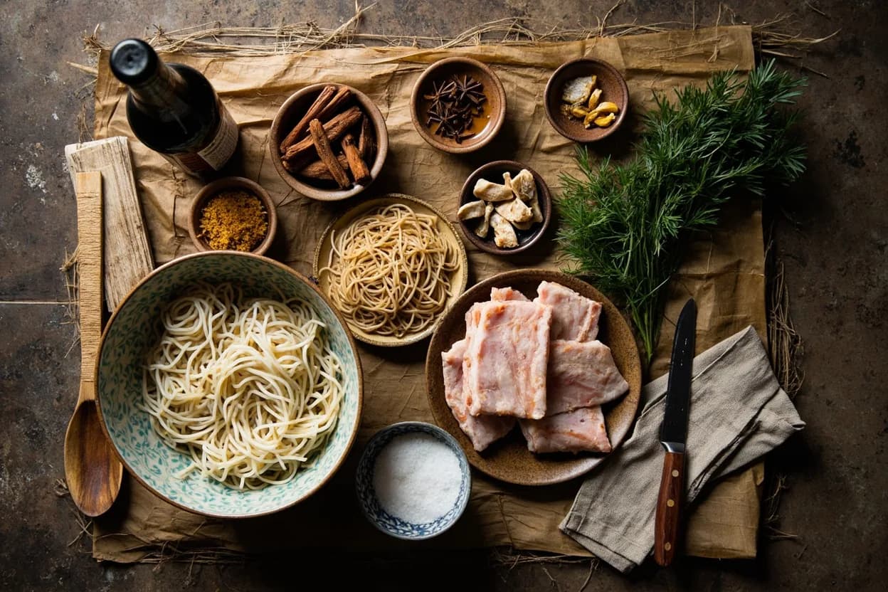 Mise en place for Vietnamese (Northern / Hanoi): the staple ingredients and key tools of the tradition laid out on the cook's board.