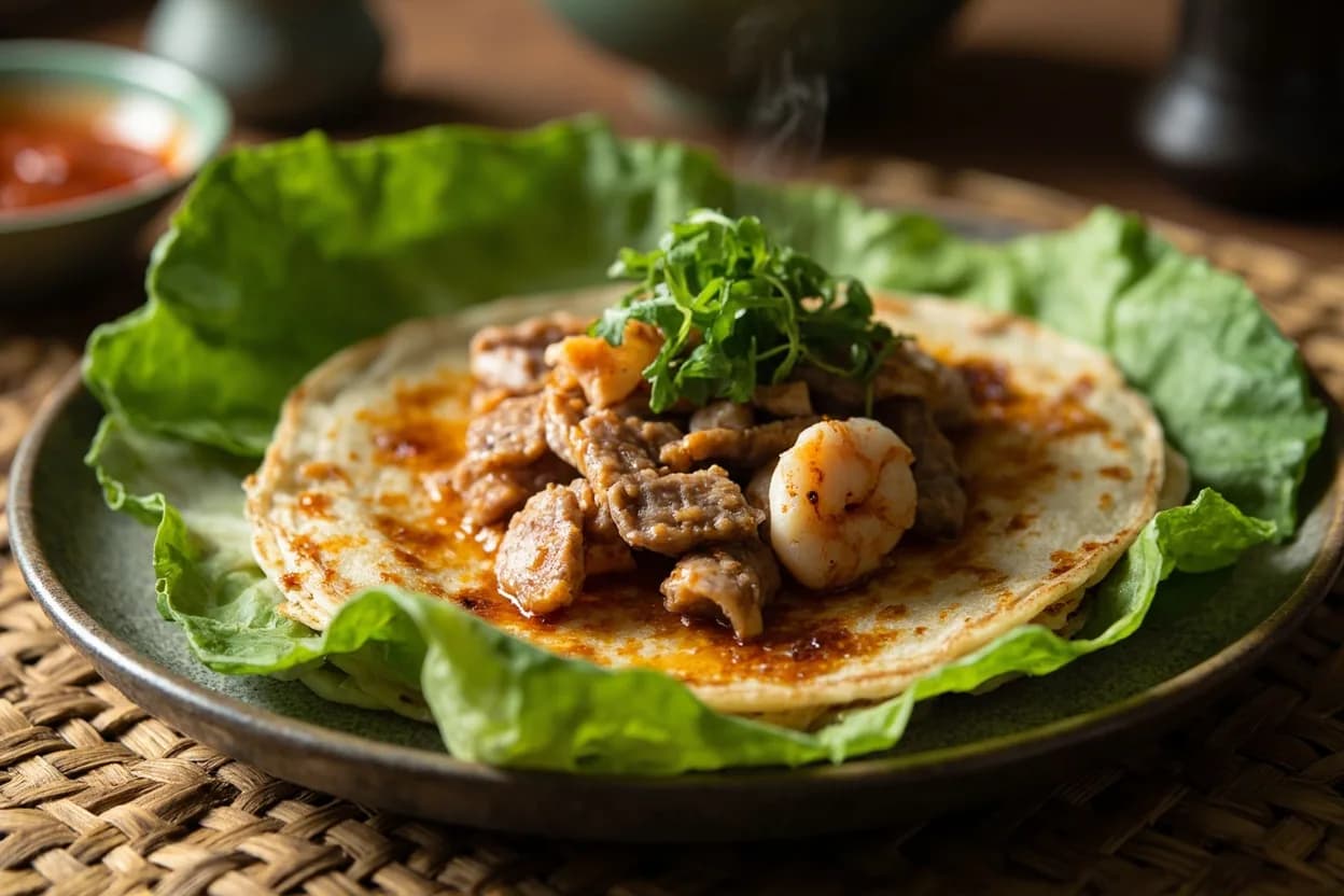 banh xeo (sizzling rice crepe stuffed with pork and shrimp, eaten wrapped in lettuce) — a signature plate from Vietnamese (Southern / Ho Chi Minh) cuisine, prepared in the regional style.
