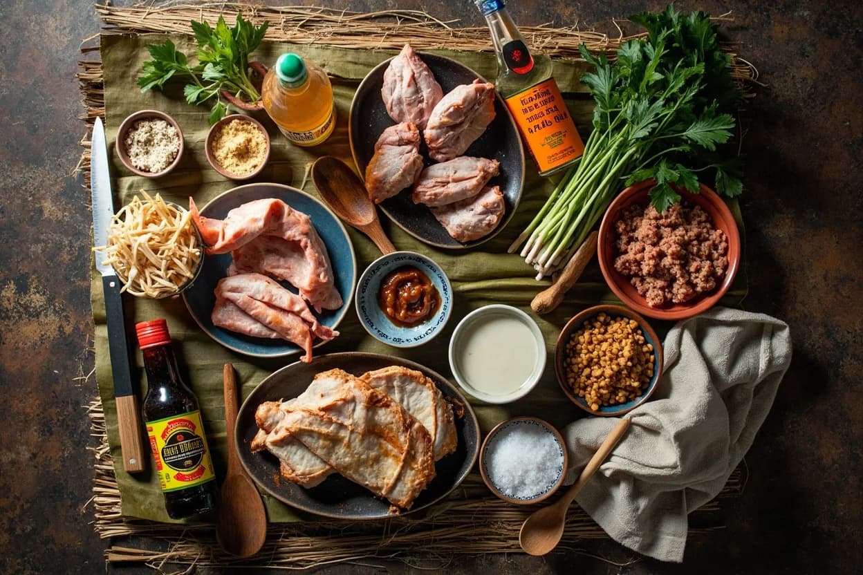 Mise en place for Vietnamese (Southern / Ho Chi Minh): the staple ingredients and key tools of the tradition laid out on the cook's board.
