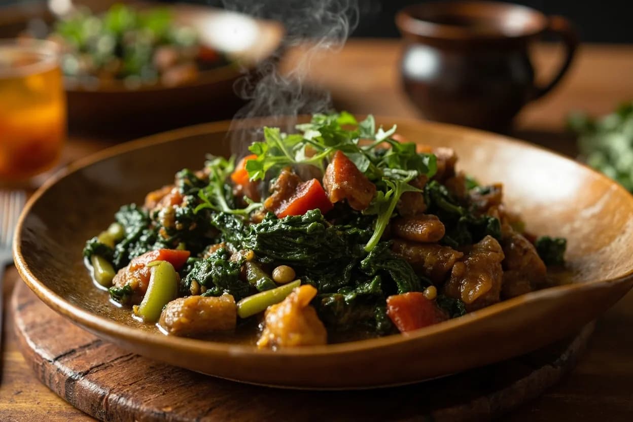Efo riro (Yoruba spinach stew, essential finishing with iru) — a signature plate from West African Fermented Condiment Tradition cuisine, prepared in the regional style.