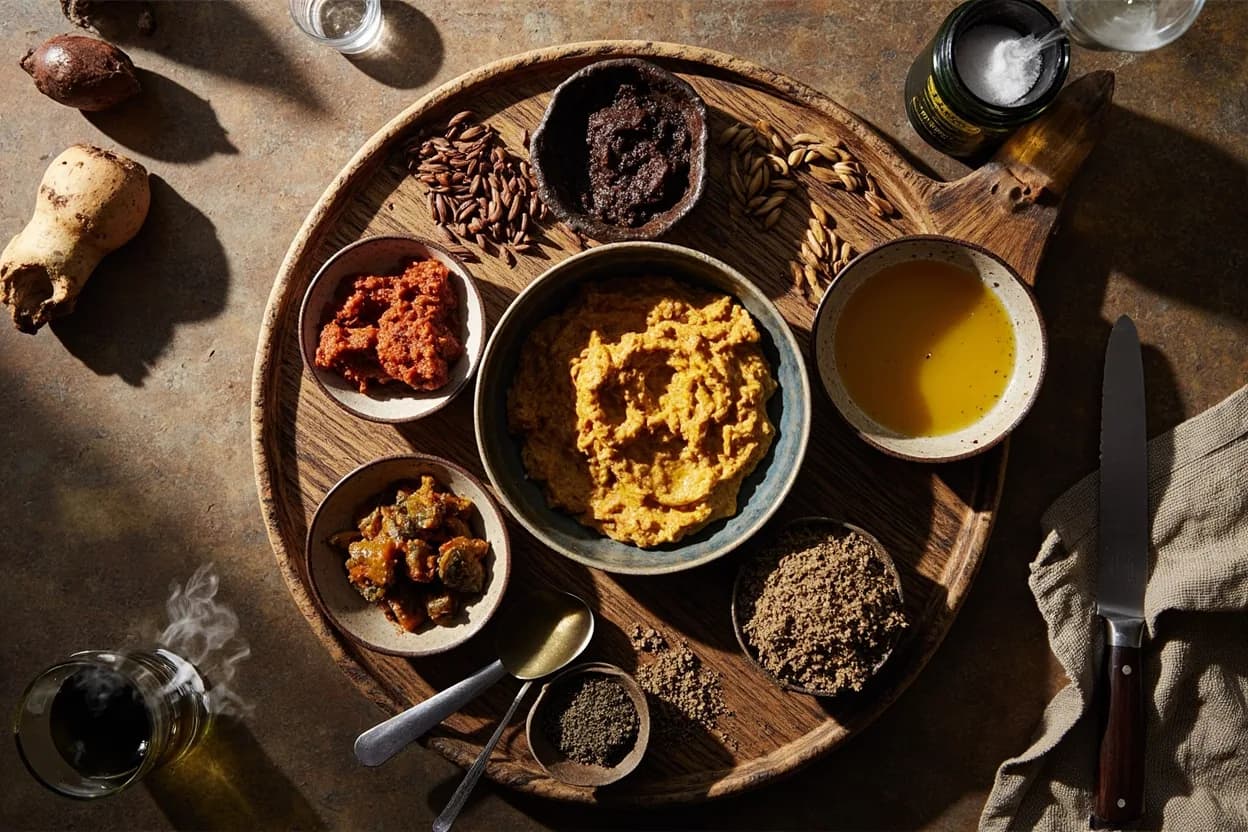 Mise en place for West African Fermented Condiment Tradition: the staple ingredients and key tools of the tradition laid out on the cook's board.