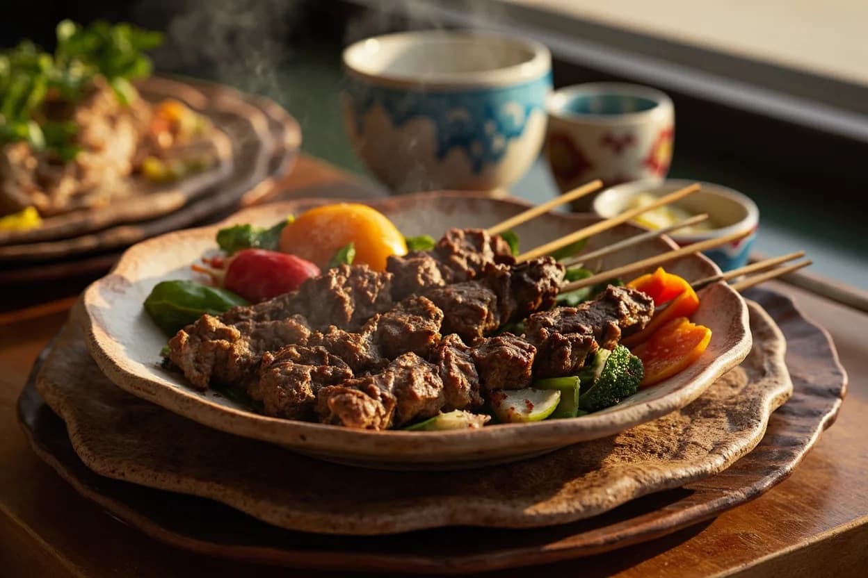 Kawap (cumin-spiced lamb skewers) — a signature plate from Xinjiang Uyghur cuisine, prepared in the regional style.