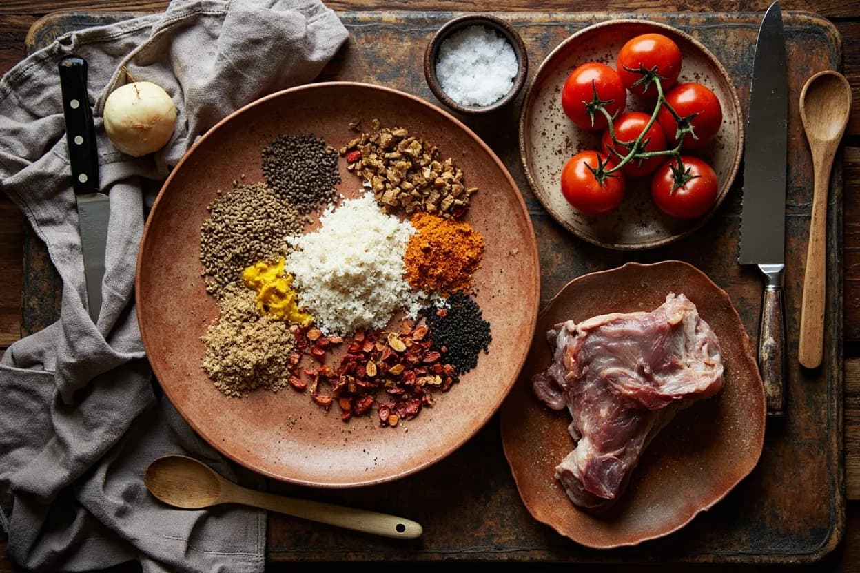 Mise en place for Xinjiang Uyghur: the staple ingredients and key tools of the tradition laid out on the cook's board.