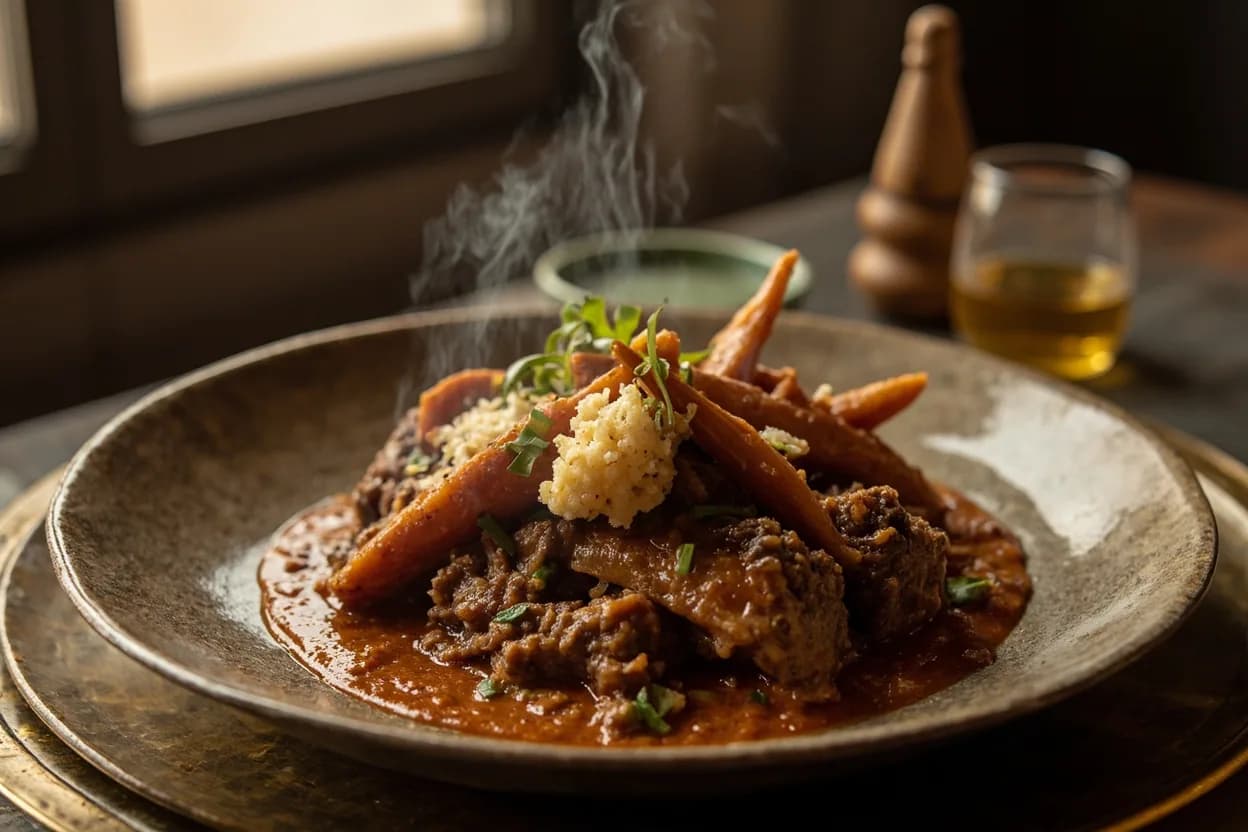 Fahsa (spiced lamb stew finished with hulba, served in stone bowl) — a signature plate from Yemeni cuisine, prepared in the regional style.