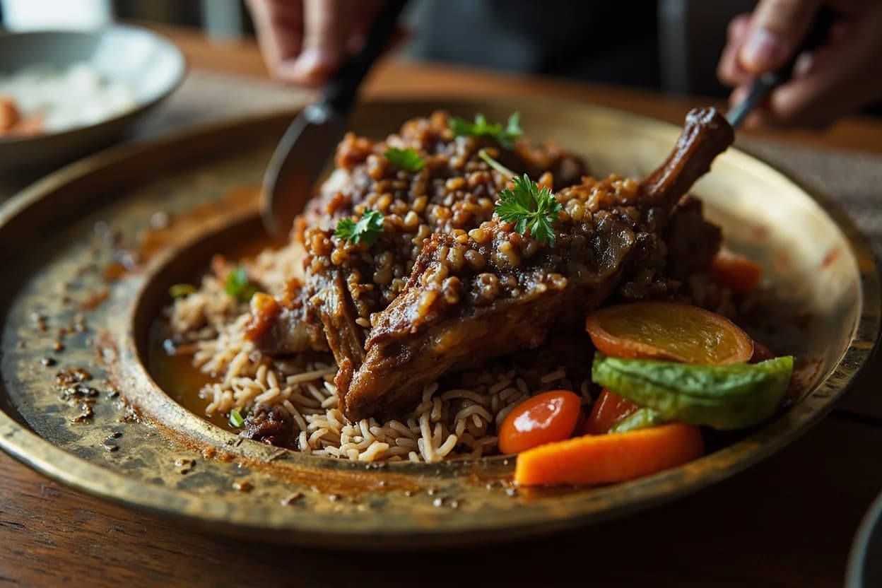 Mandi (whole lamb or chicken slow-smoked over an underground fire with rice) — a signature plate from Yemeni cuisine, prepared in the regional style.
