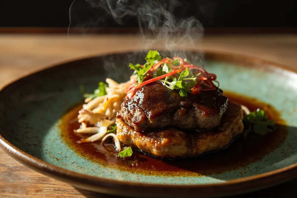 hambagu steak (Japanese hamburger with demi-glace) — a signature plate from Yoshoku (Japanese Western) cuisine, prepared in the regional style.
