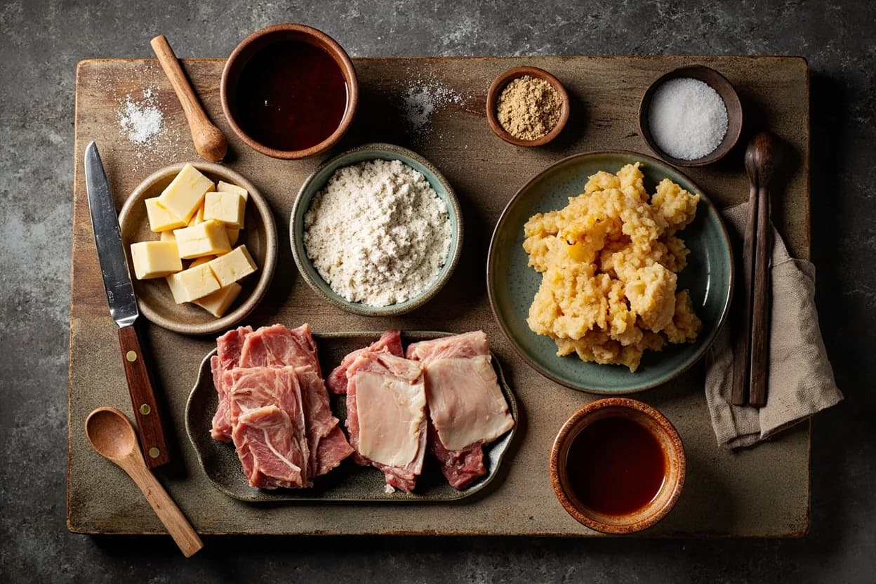 Mise en place for Yoshoku (Japanese Western): the staple ingredients and key tools of the tradition laid out on the cook's board.