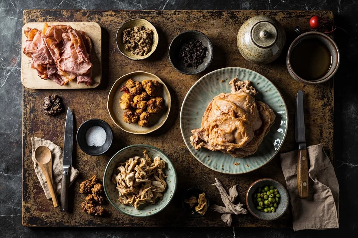 Mise en place for Yunnan: the staple ingredients and key tools of the tradition laid out on the cook's board.