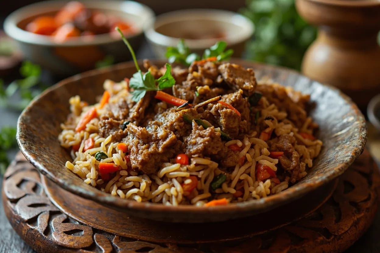 Zanzibari pilau (spiced meat rice with cinnamon, cumin, cloves, cardamom) — a signature plate from Zanzibar Swahili cuisine, prepared in the regional style.