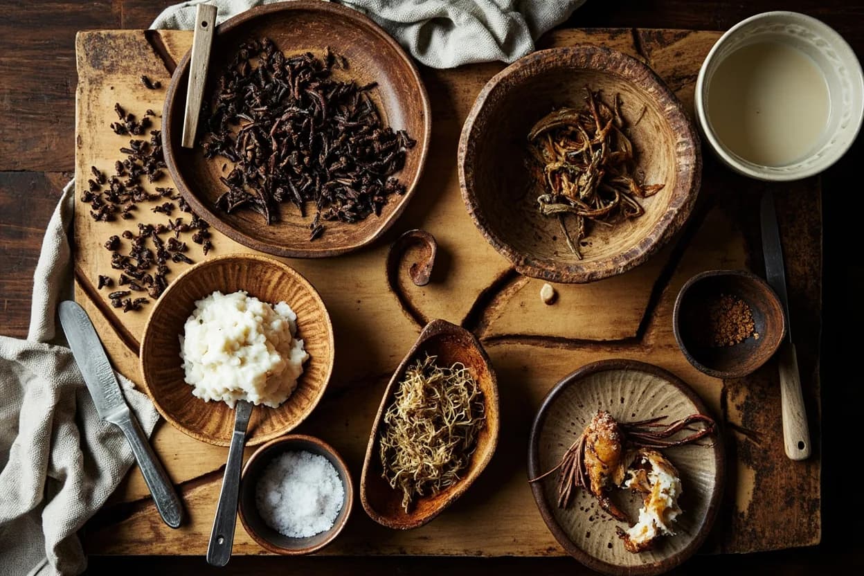 Mise en place for Zanzibar Swahili: the staple ingredients and key tools of the tradition laid out on the cook's board.