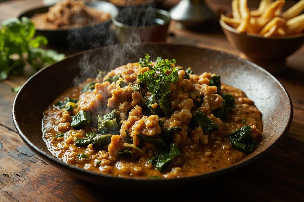 muriwo unedovi (greens in peanut sauce) — a signature plate from Zimbabwean & Zambian cuisine, prepared in the regional style.