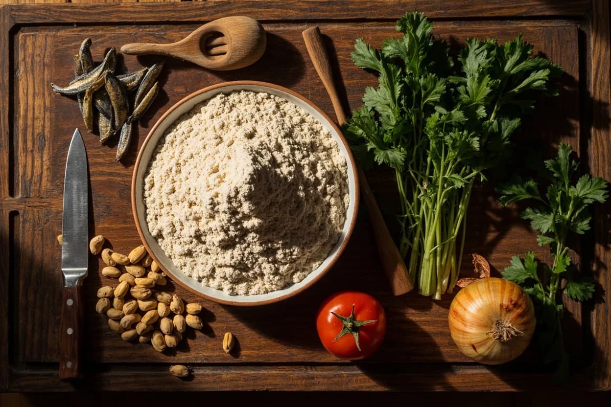 Mise en place for Zimbabwean & Zambian: the staple ingredients and key tools of the tradition laid out on the cook's board.