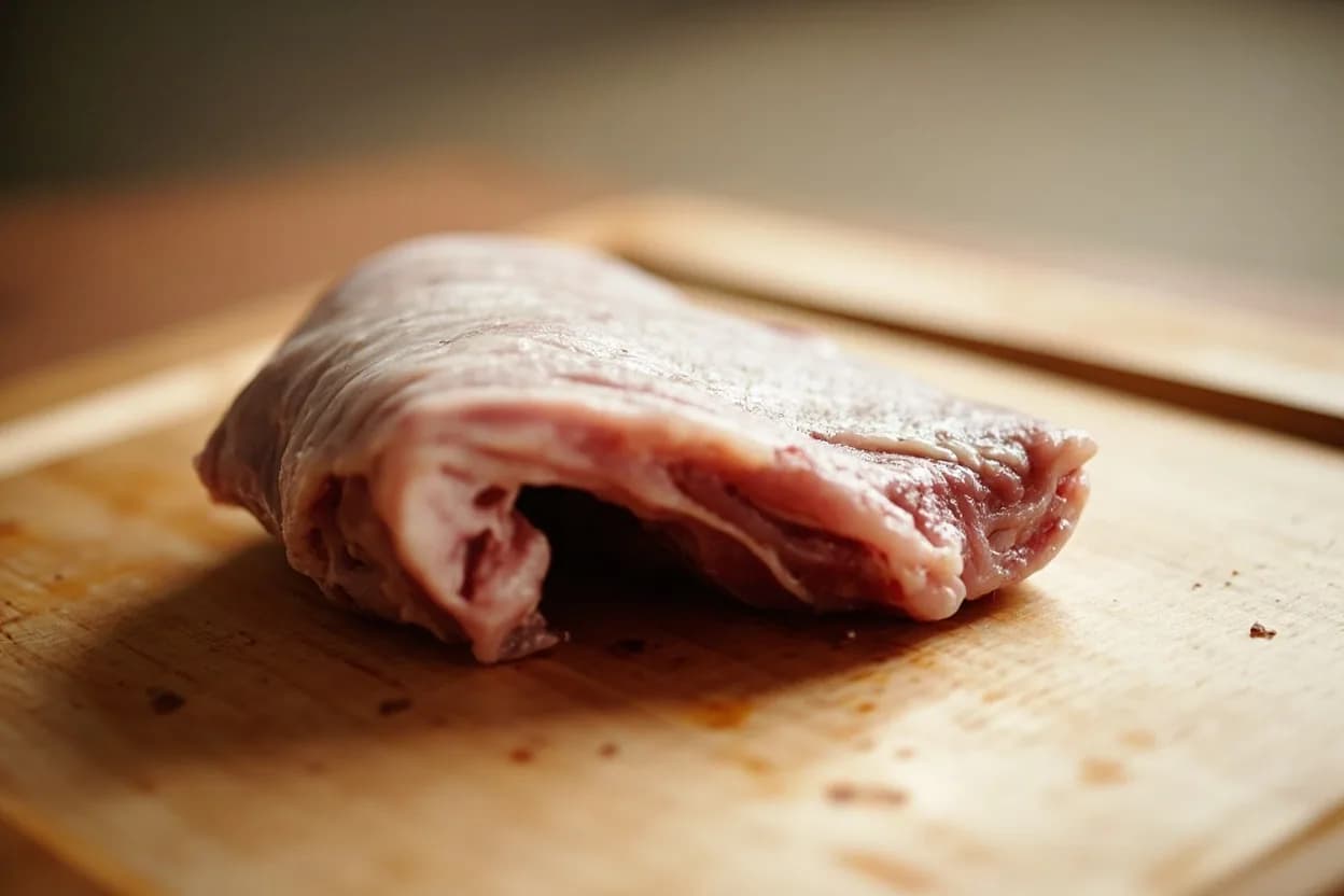 Alya (Fat-Tail Lamb) — Trimming & Rendering Cuts in its raw whole-cut form on a butcher's board — Fat-tail breeds (most importantly Awassi, Karakul, Balouchi, Najdi, and Sanjabi) store energy in an enlarged bilobed fat deposit behind the pelvic girdle and along the caudal vertebrae rather than di… Identifying traits: Mild, sweet, distinctly lamb aroma without harsh lanolin notes, High melting point produces a clean, white solid fat at room temperature, Clear and nearly flavourless when fully rendered — a neutral cooking fat.
